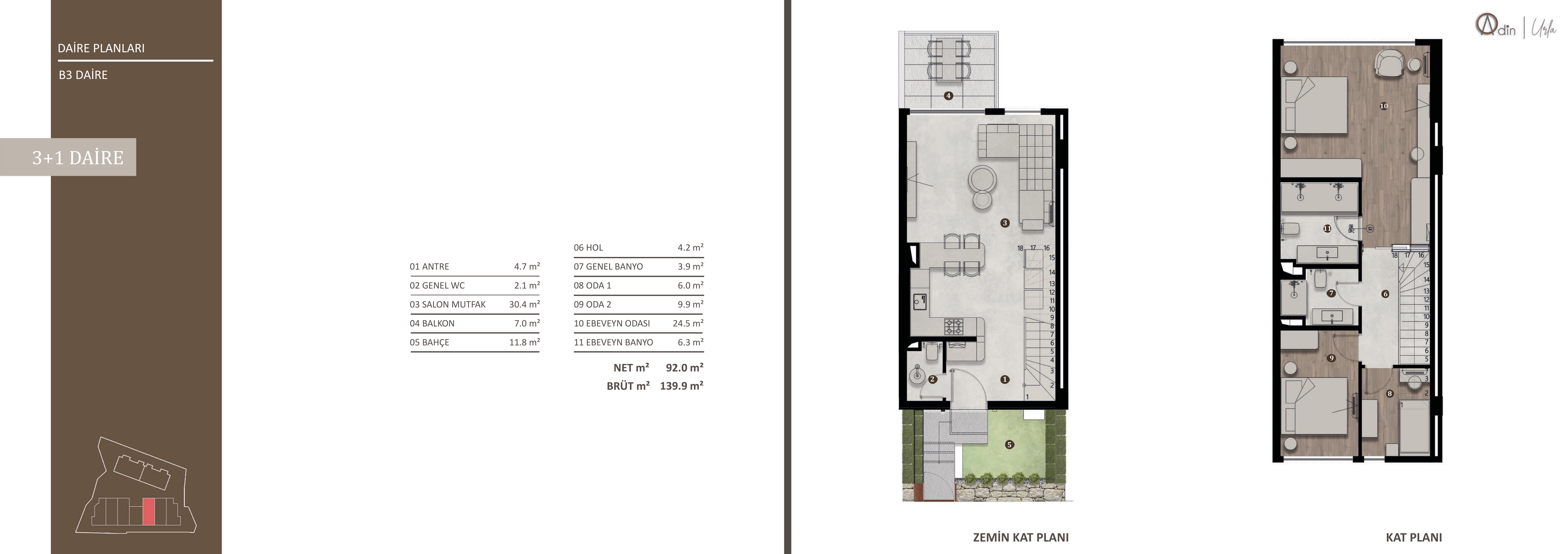 Urla Adin B3 3+1 daire planı