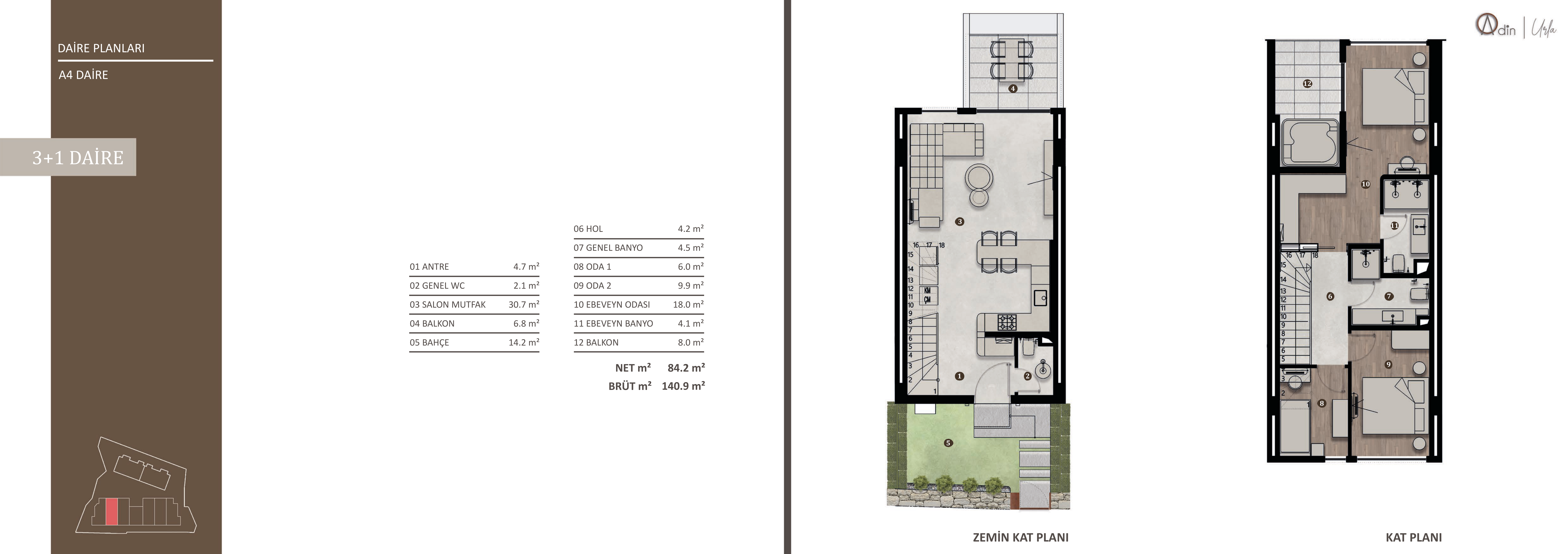 Urla Adin A4 3+1 daire planı