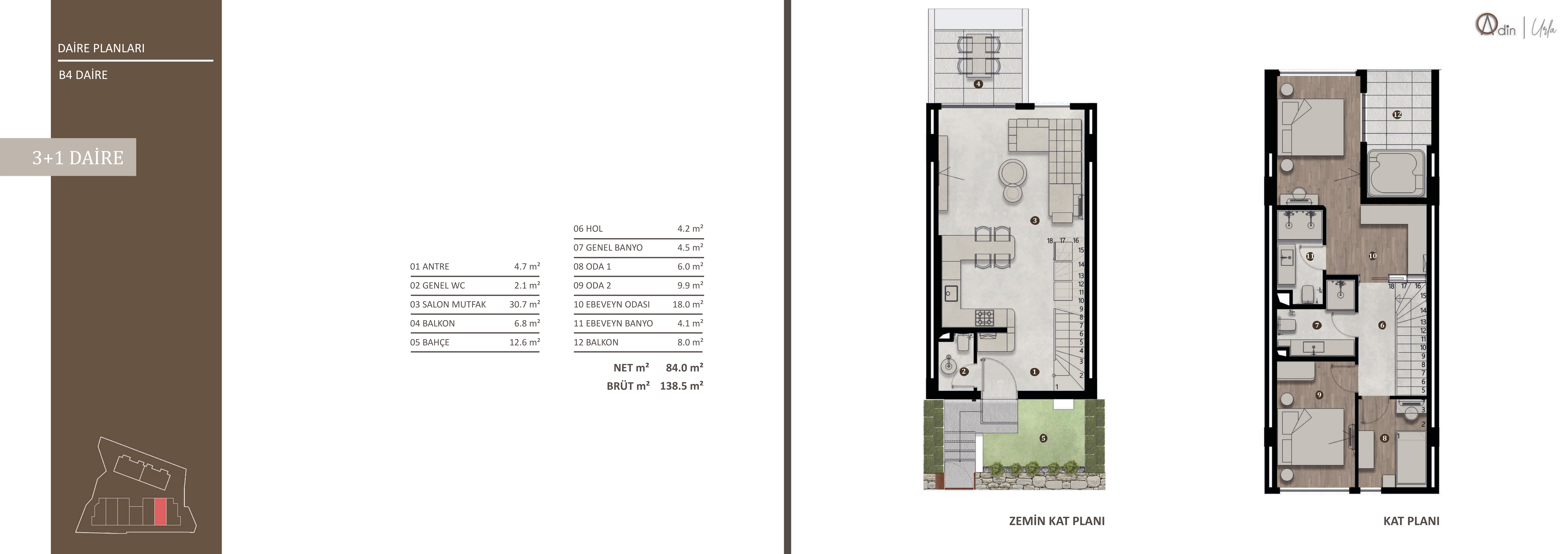 Urla Adin B4 3+1 daire planı