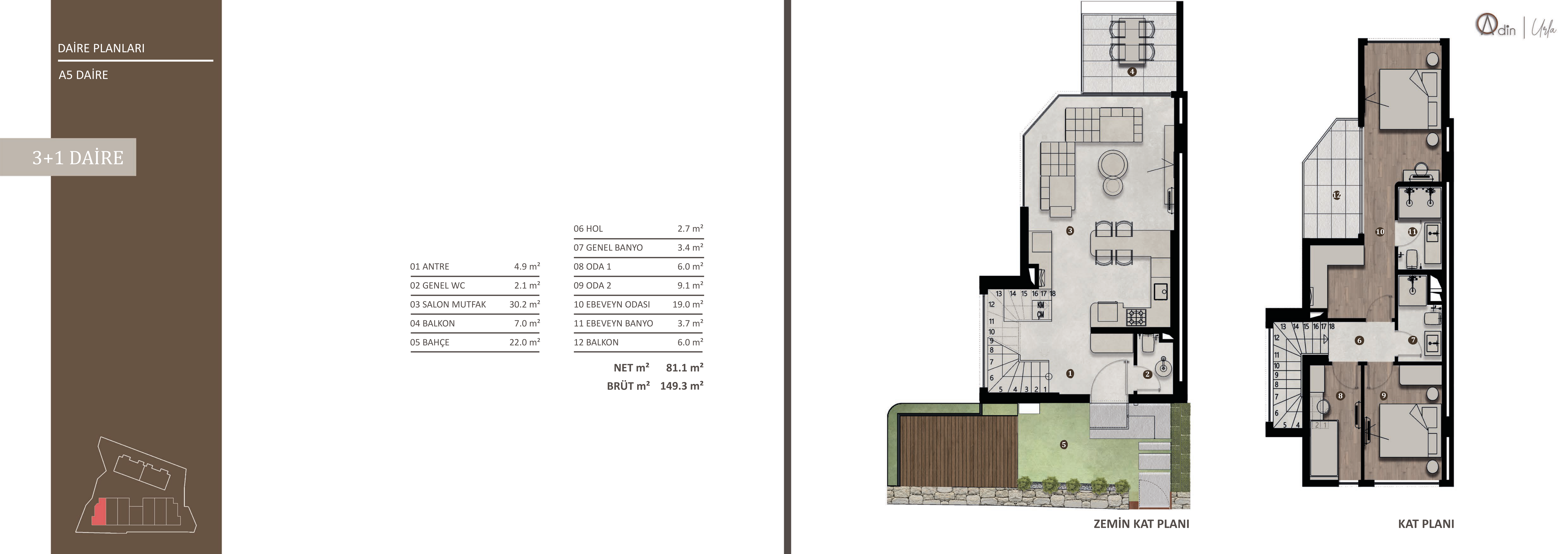 Urla Adin A5 3+1 daire planı