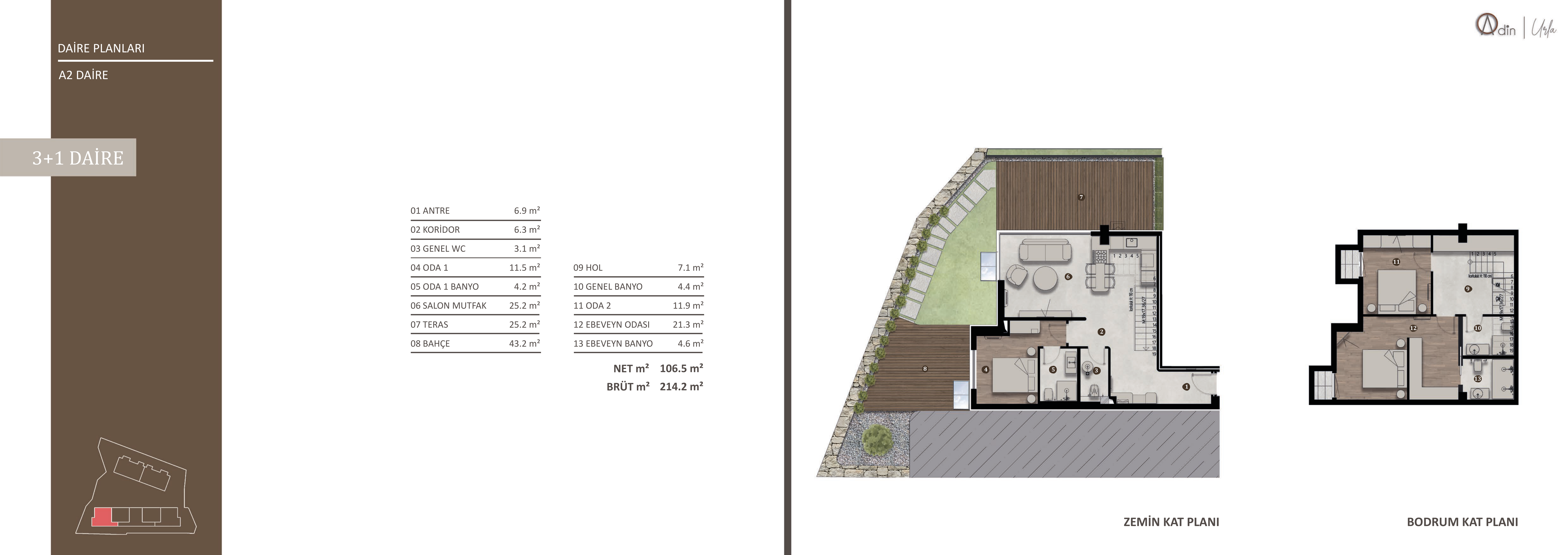 Urla Adin A2 3+1 daire planı